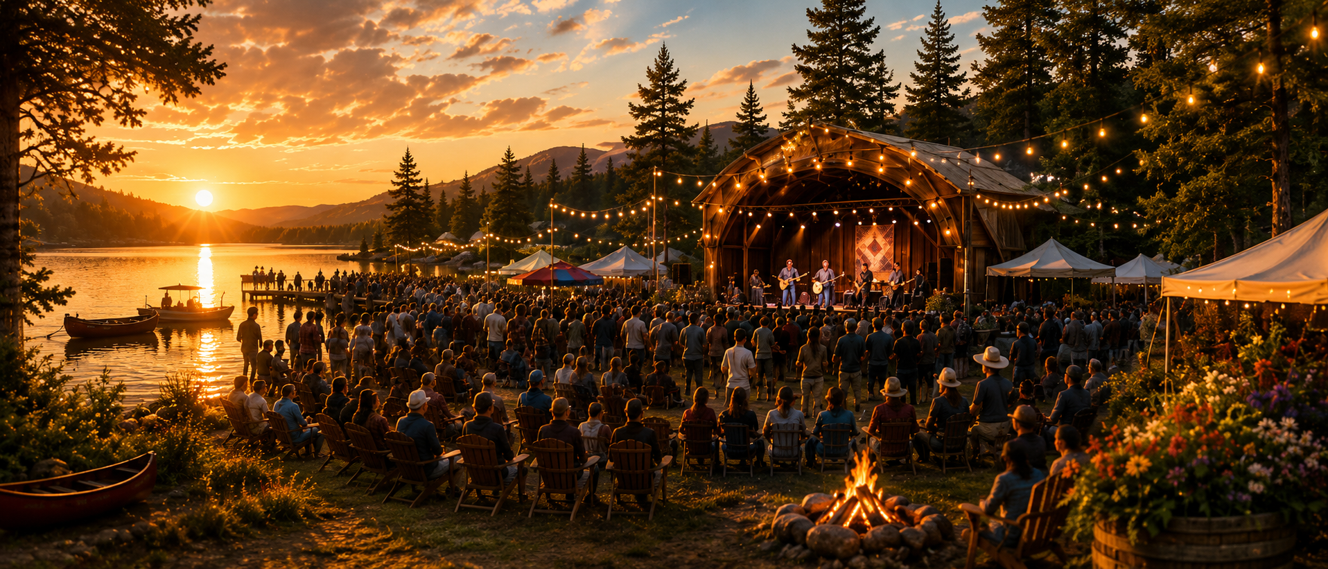 Outdoor market under string lights with crowds, tents and live music at a small Northern Ontario town along the Northlander route